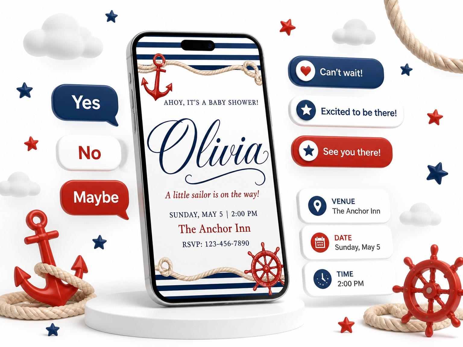 The Watercolor Nautical Anchor Baby Shower invitation on a phone, with guest RSVPs arriving around it