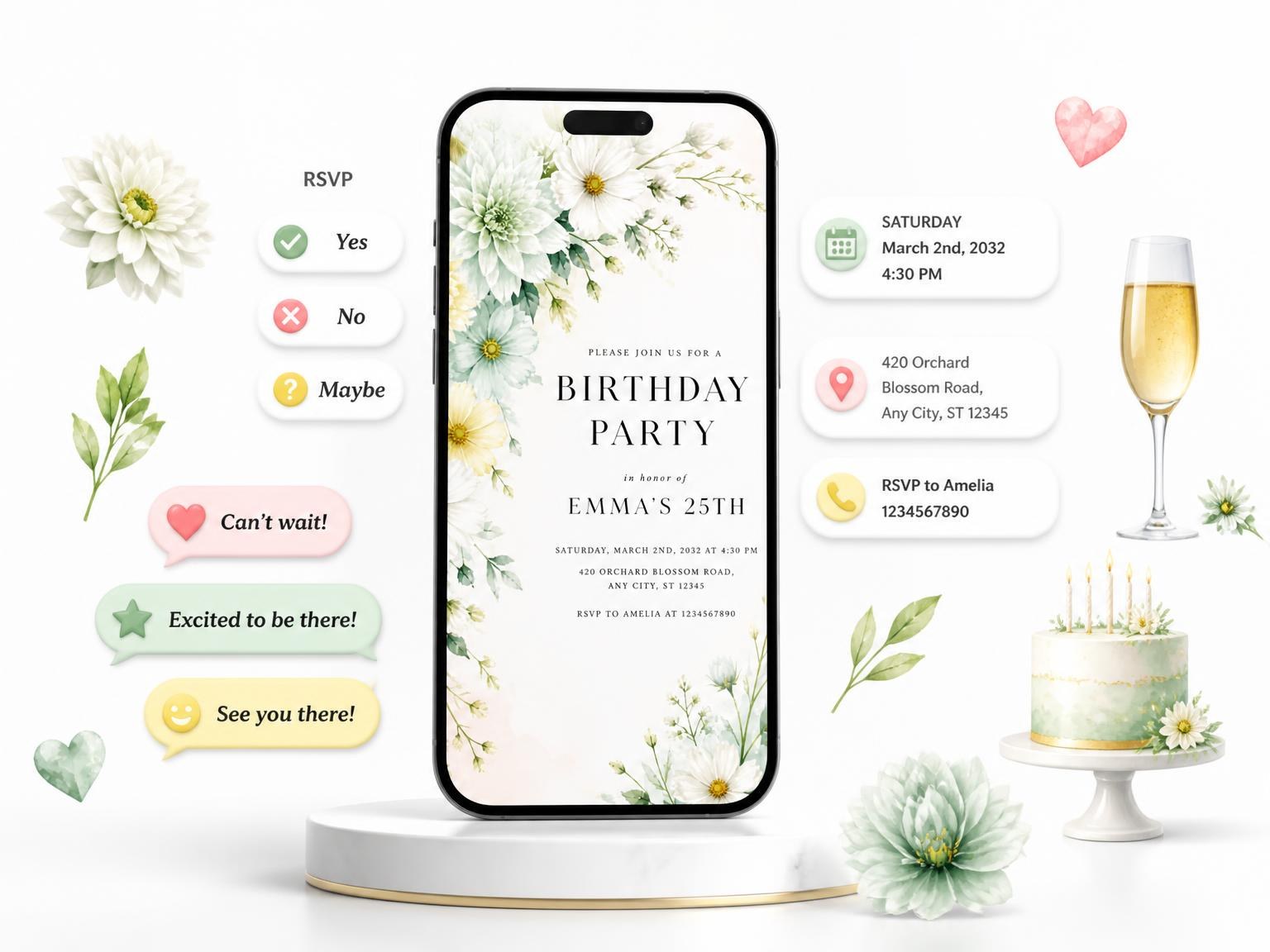 The Floral Bouquet Mint 25th Birthday Invitation invitation on a phone, with guest RSVPs arriving around it