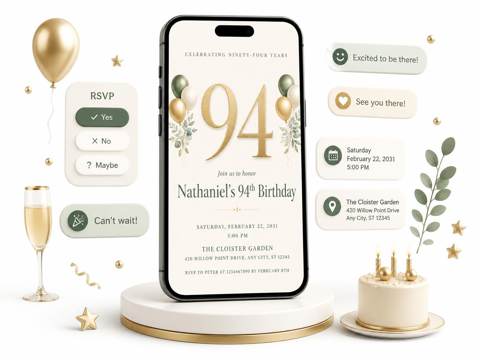 The Sage and Ivory 94th Birthday Invitation invitation on a phone, with guest RSVPs arriving around it