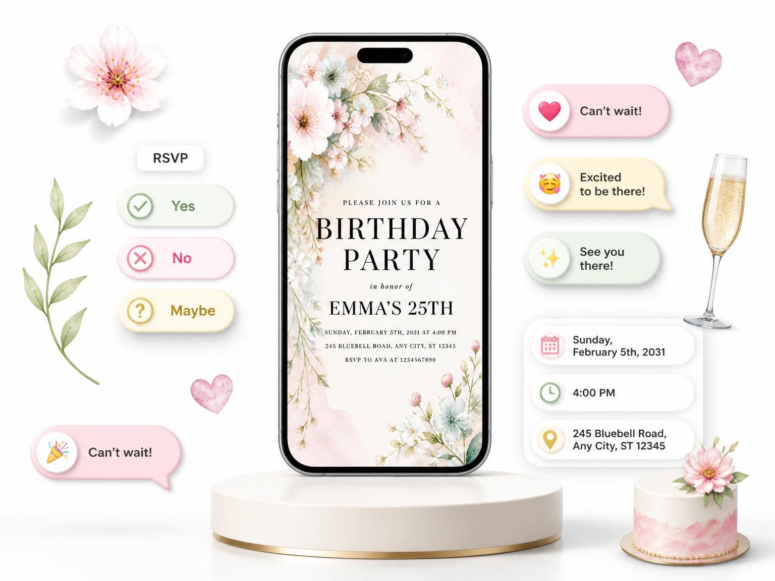 The Bouquet Branches Mint 25th Birthday Invitation invitation on a phone, with guest RSVPs arriving around it