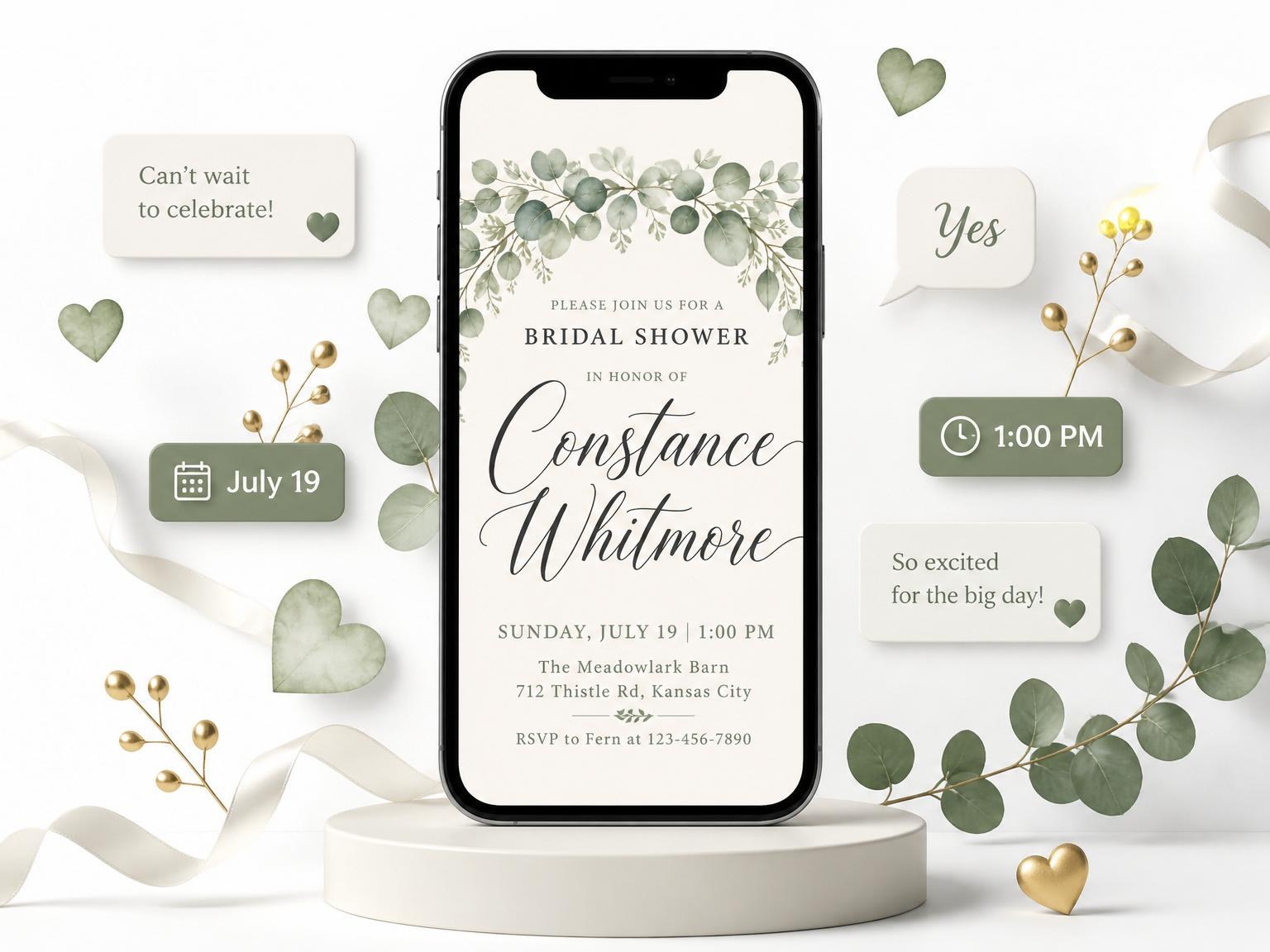 The Cream Watercolor Eucalyptus Bridal Shower invitation on a phone, with guest RSVPs arriving around it