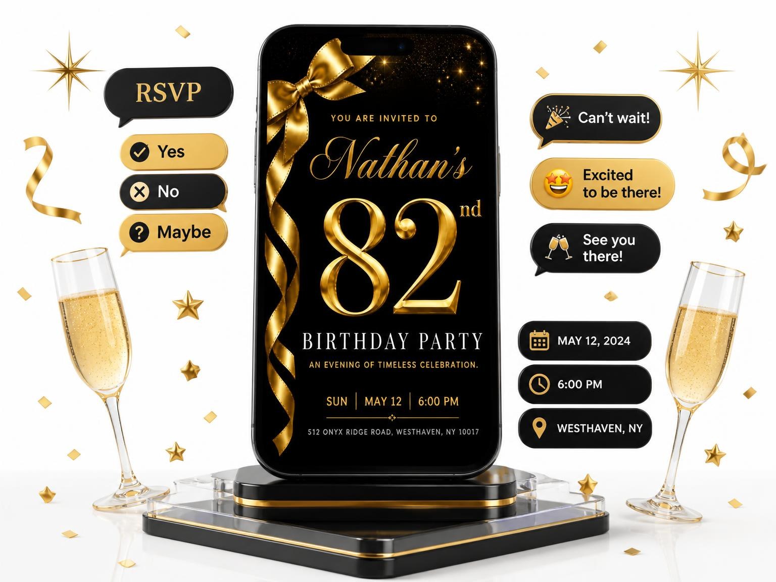 The Black and Gold Ribbon 82nd Birthday invitation on a phone, with guest RSVPs arriving around it