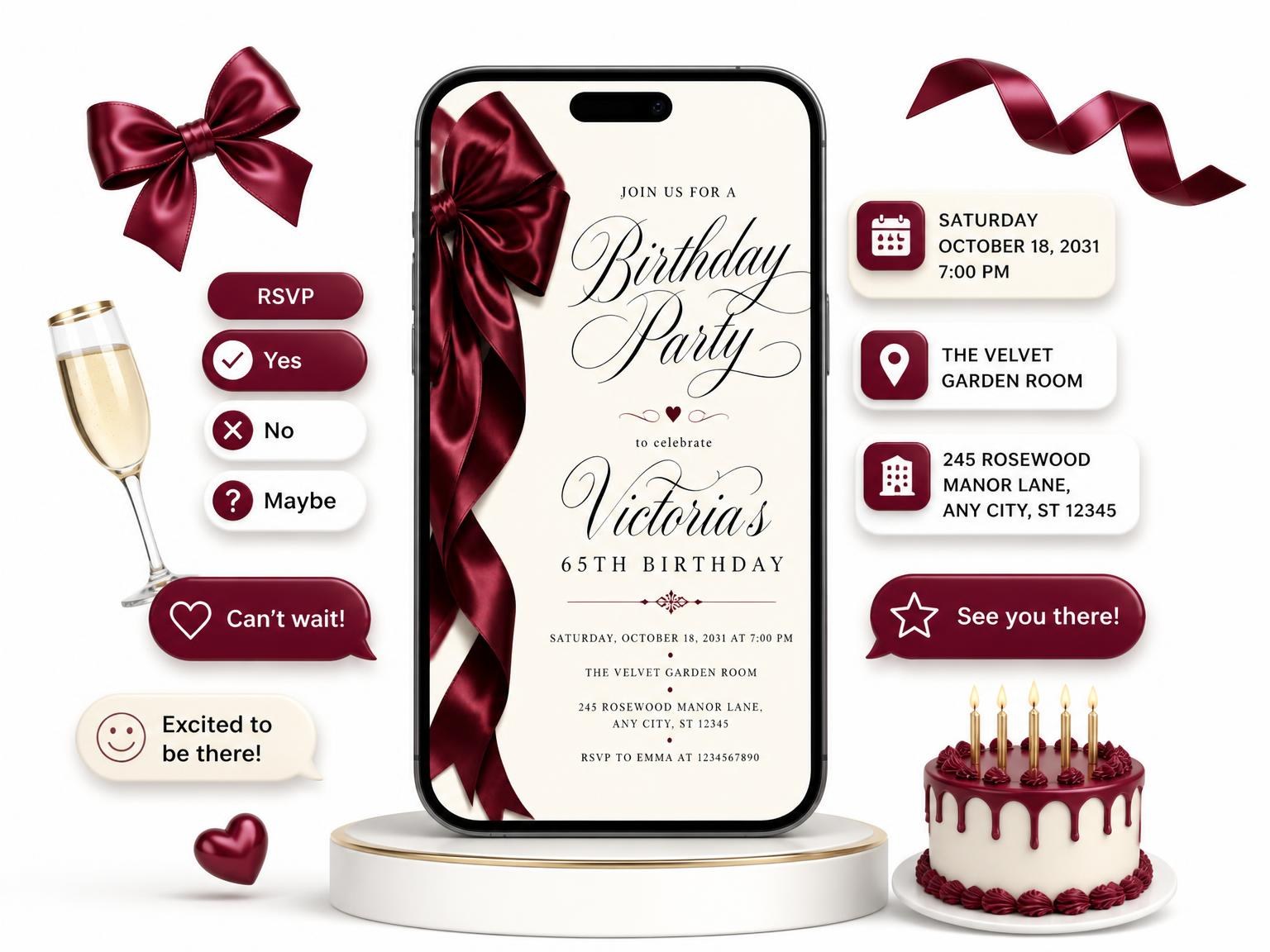 The Burgundy Satin Bow 65th Birthday Invitation invitation on a phone, with guest RSVPs arriving around it