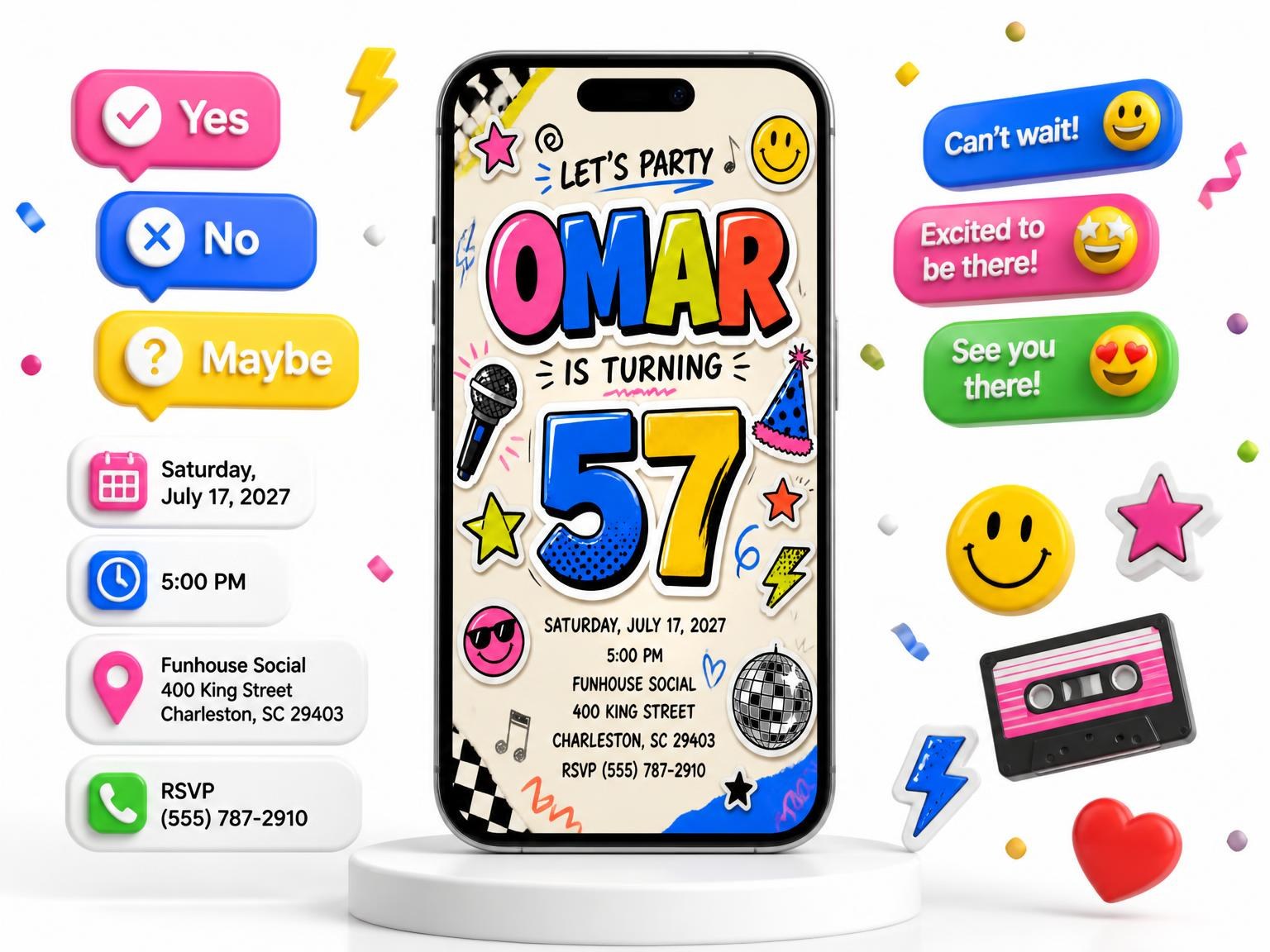 The Sticker Pop 57th Birthday Invitation invitation on a phone, with guest RSVPs arriving around it