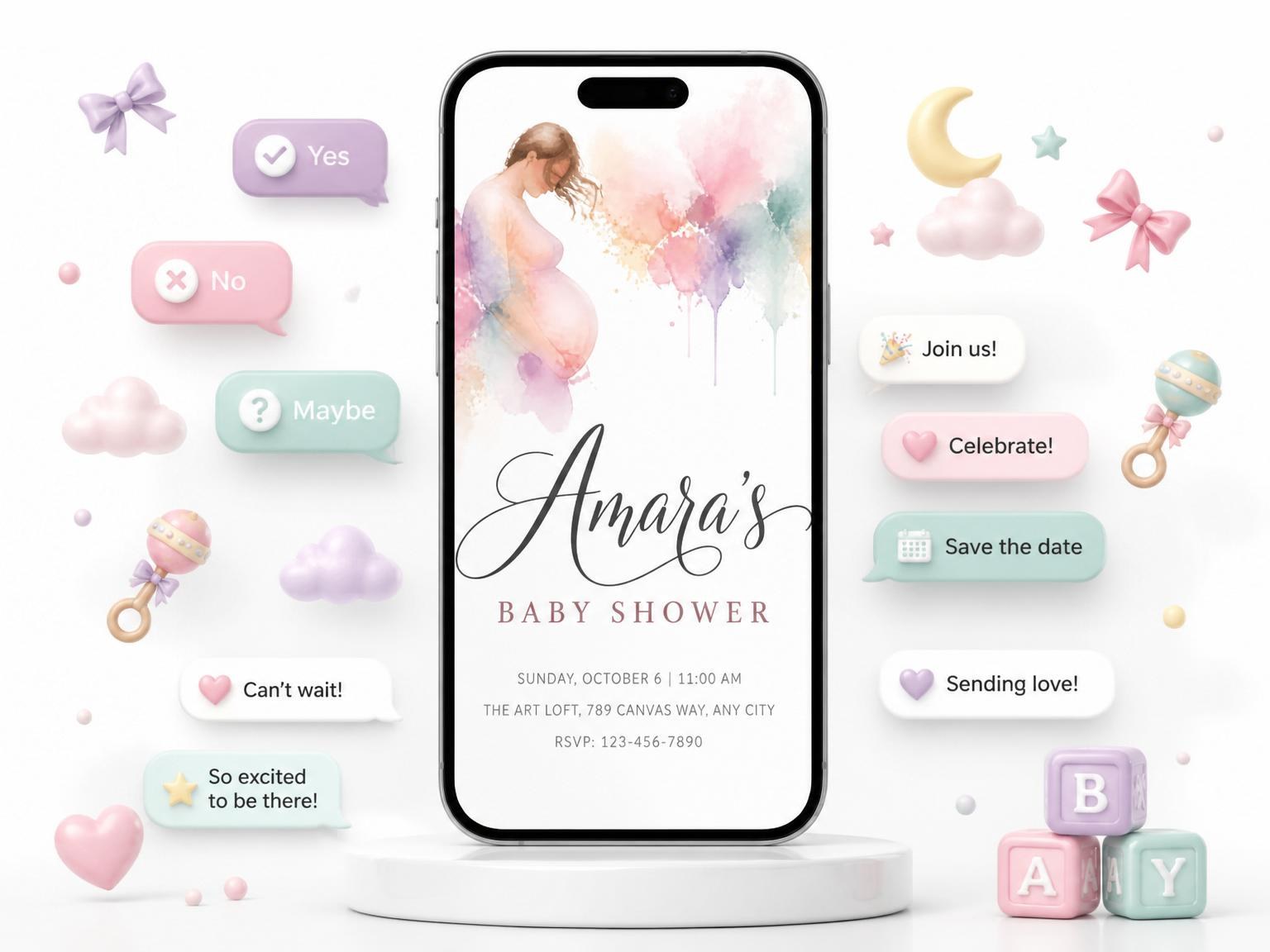 The Watercolor Pregnant Silhouette Baby Shower invitation on a phone, with guest RSVPs arriving around it