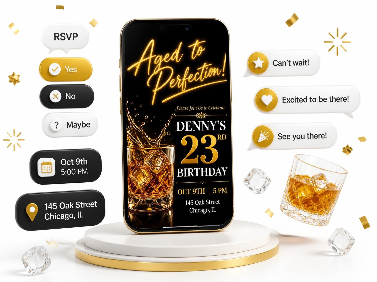 The Whiskey Bourbon 23rd Birthday Invitation invitation on a phone, with guest RSVPs arriving around it