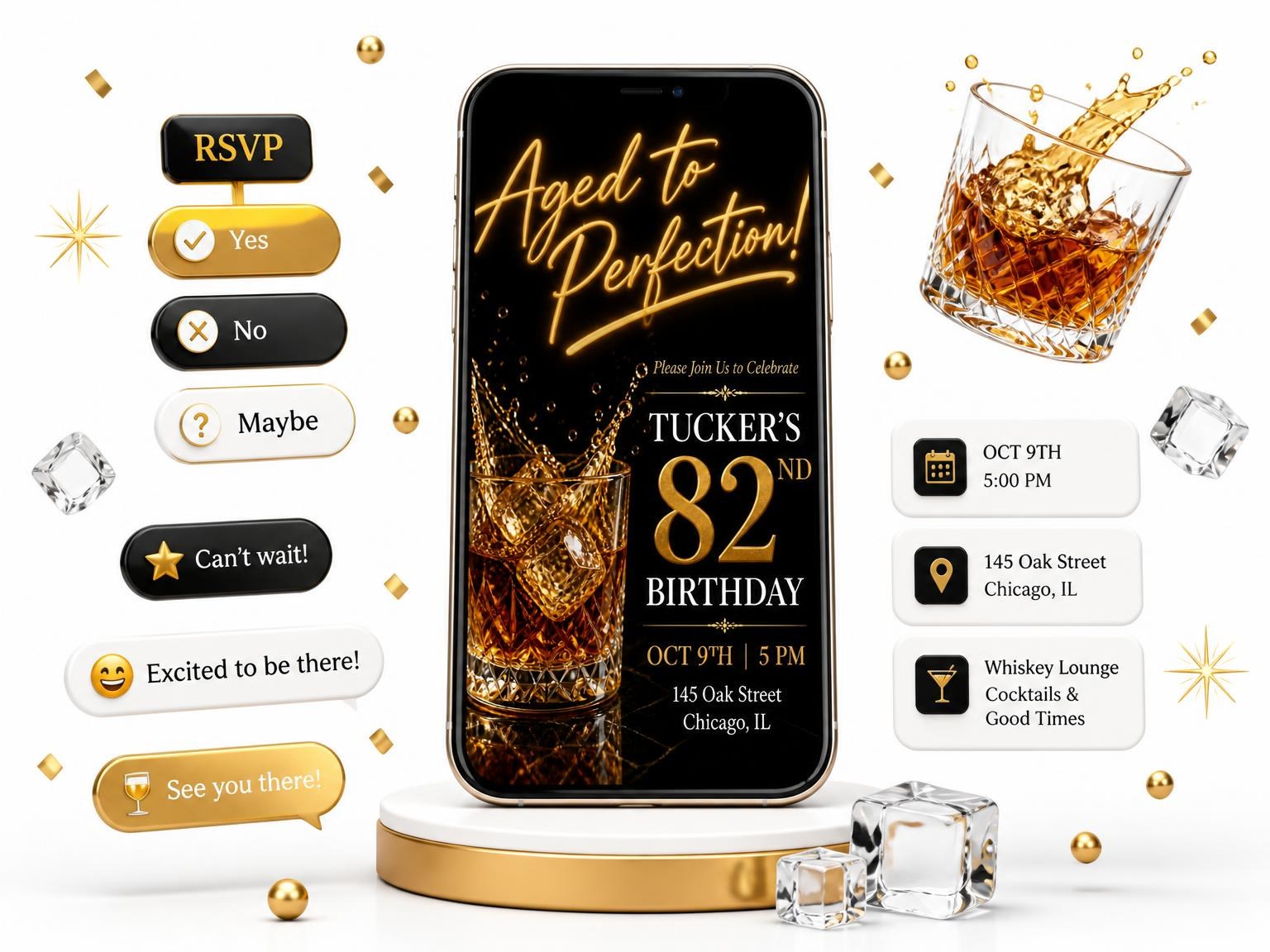 The Whiskey Lowball 82nd Birthday Invitation invitation on a phone, with guest RSVPs arriving around it
