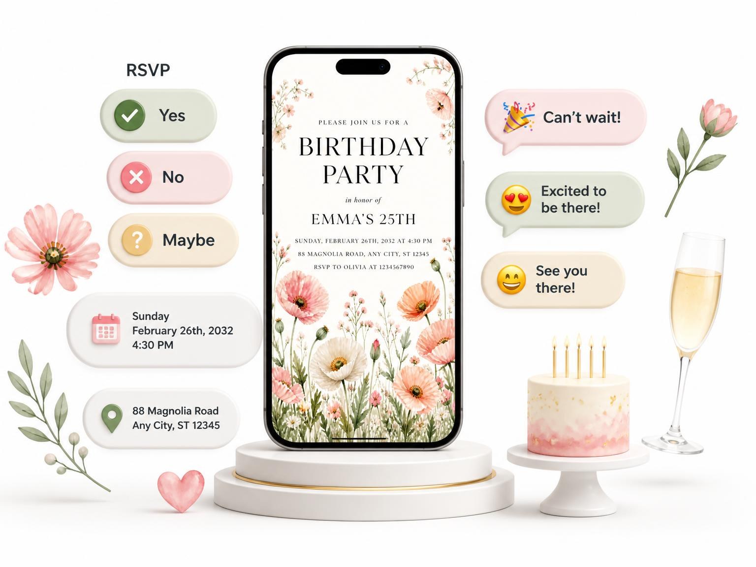 The Poppy Meadow Blush 25th Birthday Invitation invitation on a phone, with guest RSVPs arriving around it