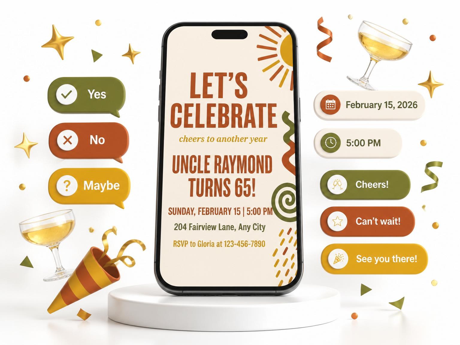 The Terracotta Olive Retro Sun 65th Birthday invitation on a phone, with guest RSVPs arriving around it