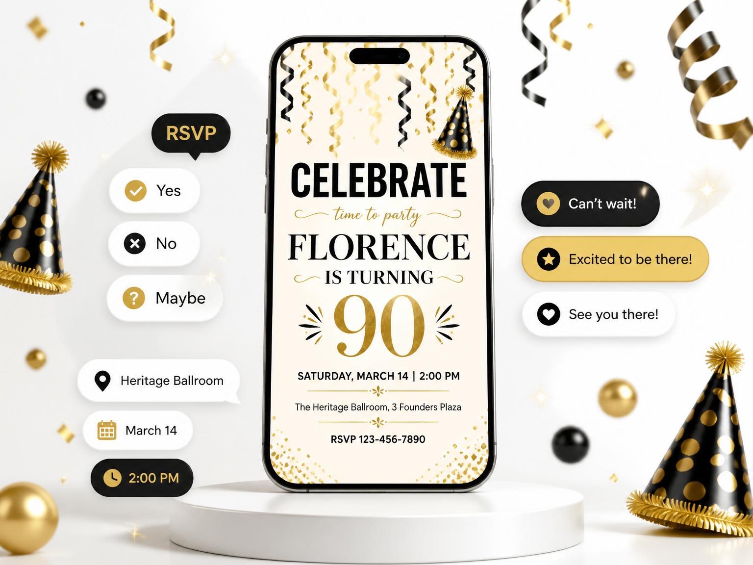 The Gold Black Streamer 90th Birthday invitation on a phone, with guest RSVPs arriving around it