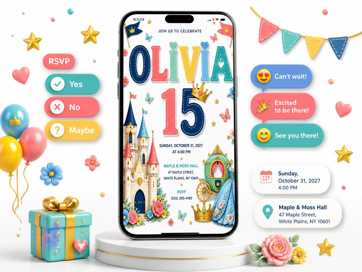 The Royal Crowns 15th Birthday Party Invitation invitation on a phone, with guest RSVPs arriving around it