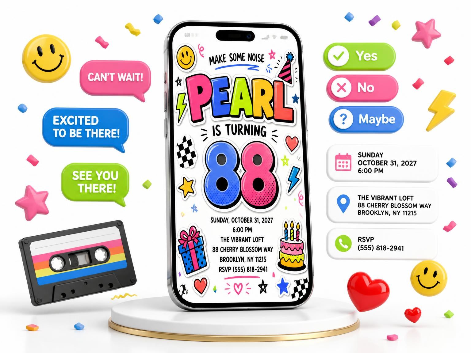 The Sticker Pop 88th Birthday Invitation invitation on a phone, with guest RSVPs arriving around it