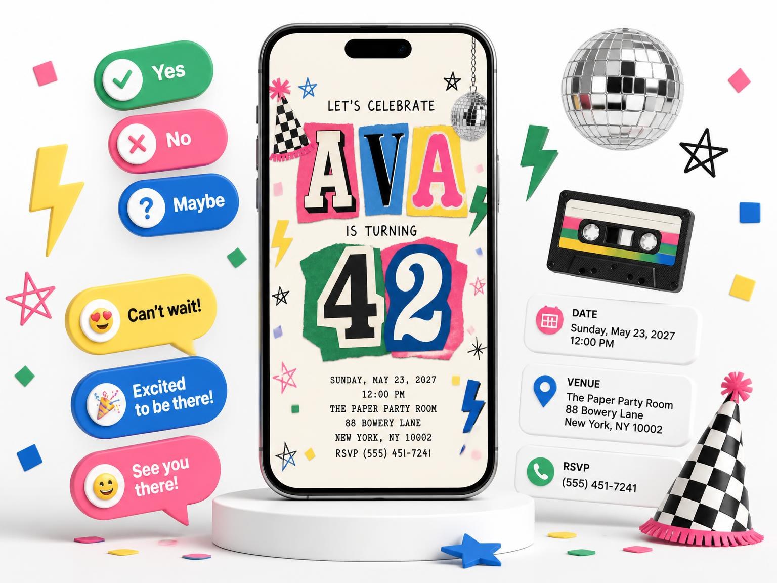 The Retro Paper Collage 42nd Birthday Invitation invitation on a phone, with guest RSVPs arriving around it