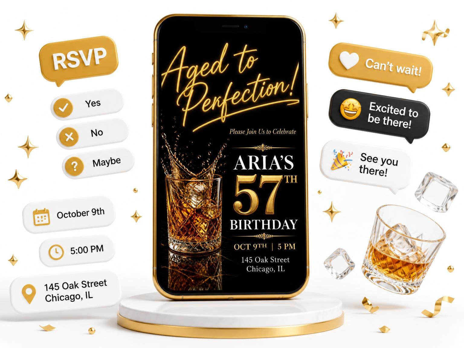 The Whiskey Tumbler 57th Birthday Invitation invitation on a phone, with guest RSVPs arriving around it