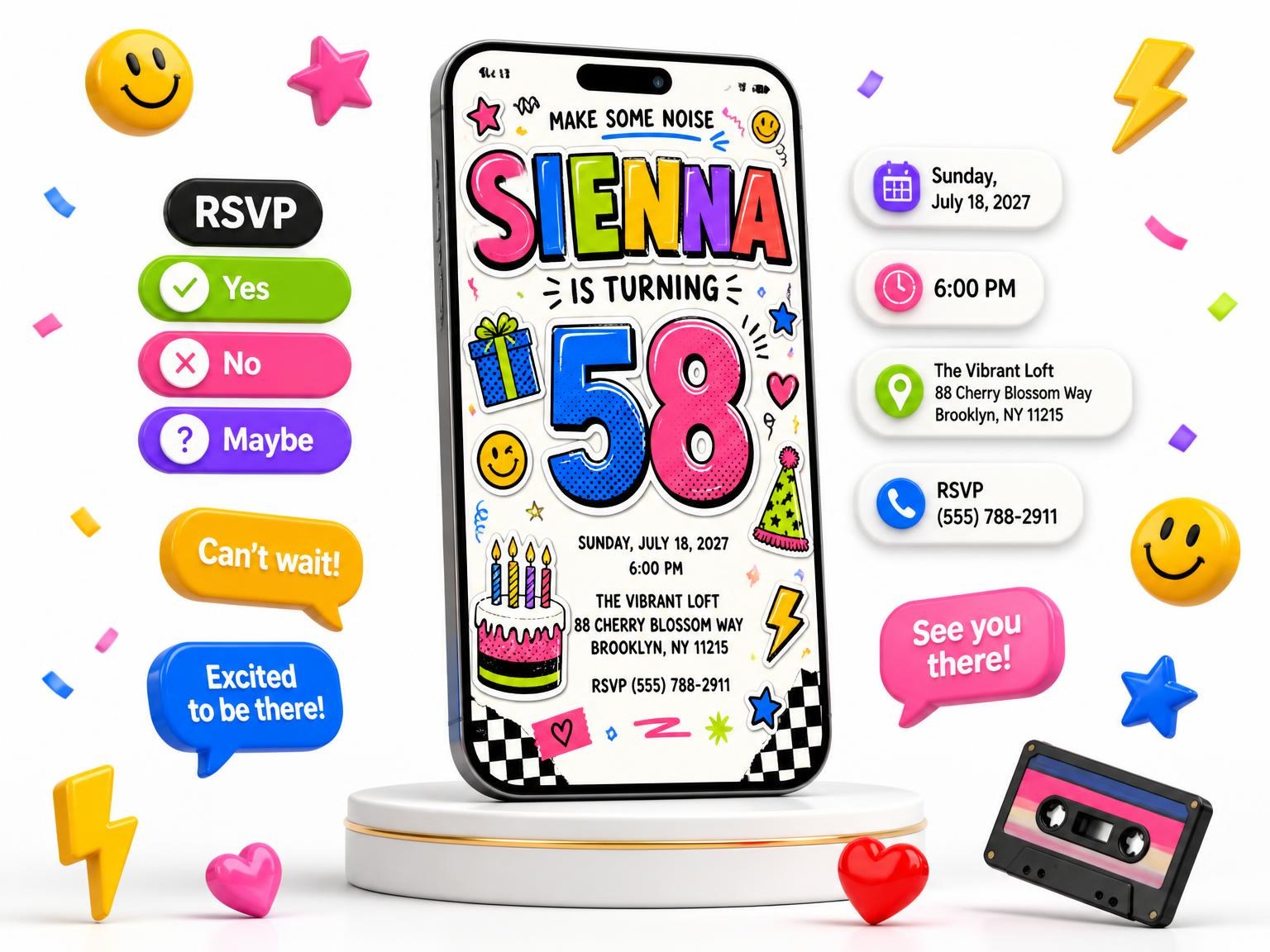 The Sticker Pop 58th Birthday Invitation invitation on a phone, with guest RSVPs arriving around it