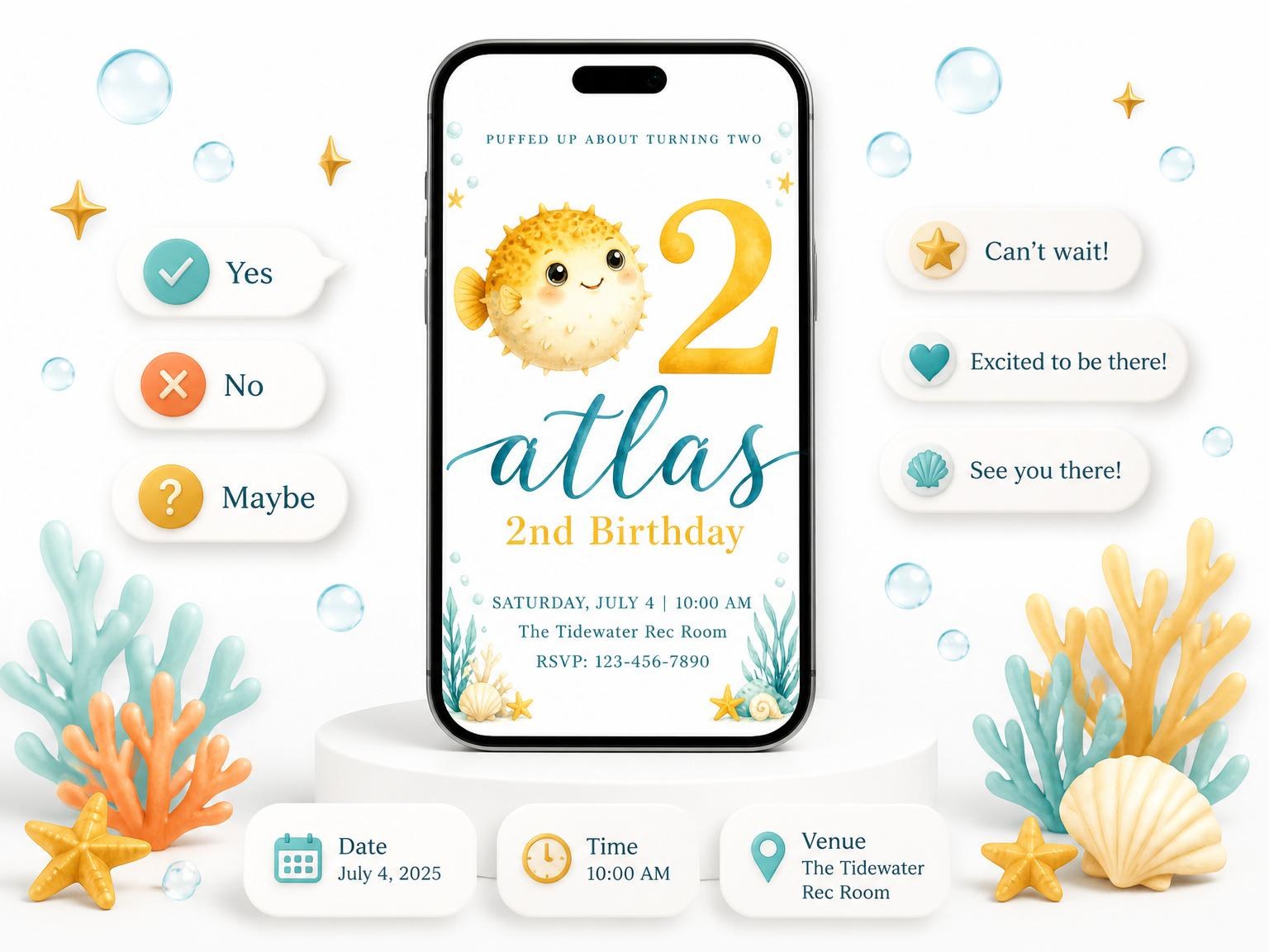 The Watercolor Pufferfish Underwater 2nd Birthday invitation on a phone, with guest RSVPs arriving around it