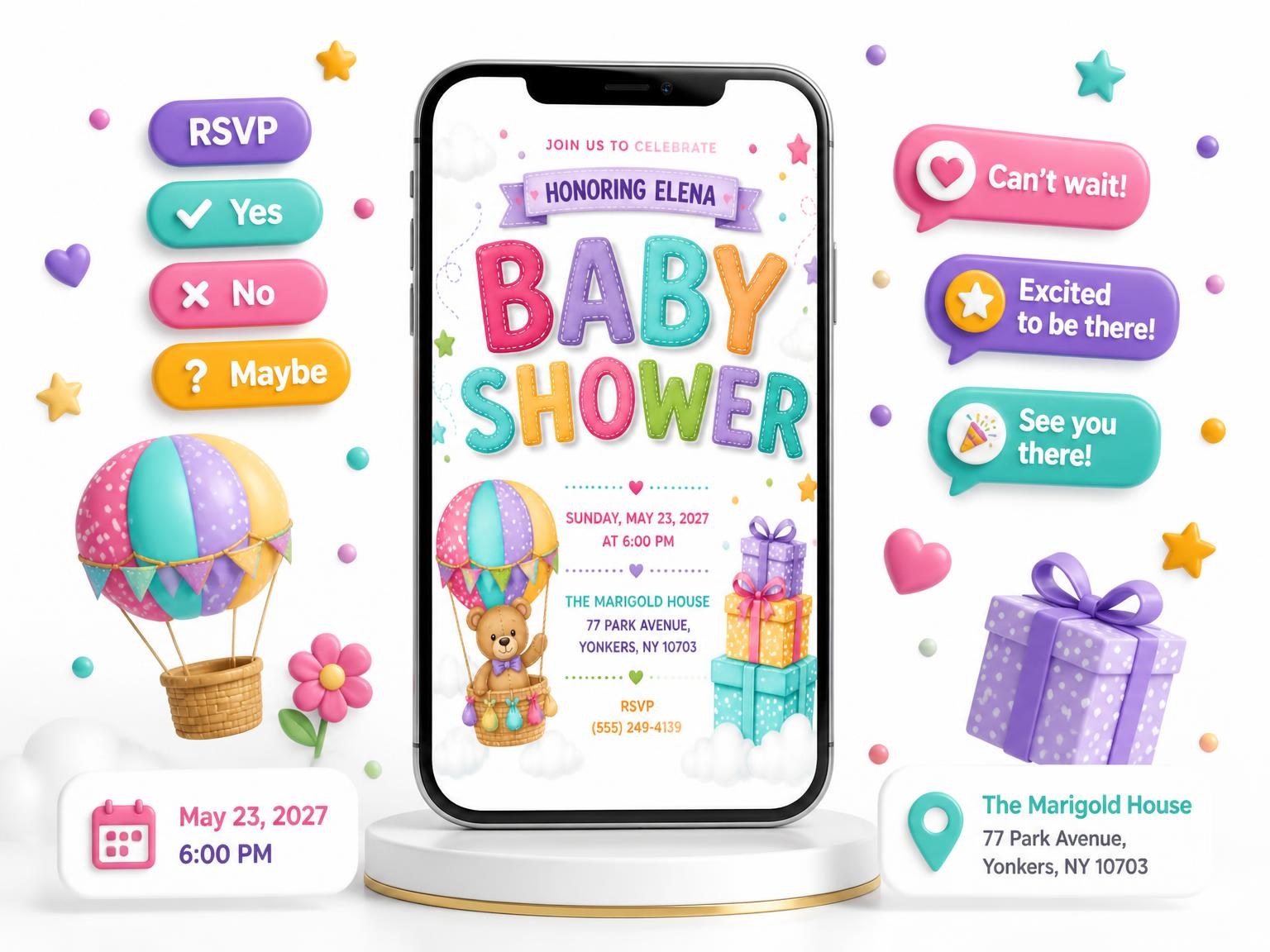 The Teddy Balloon and Gifts Baby Shower Invitation invitation on a phone, with guest RSVPs arriving around it