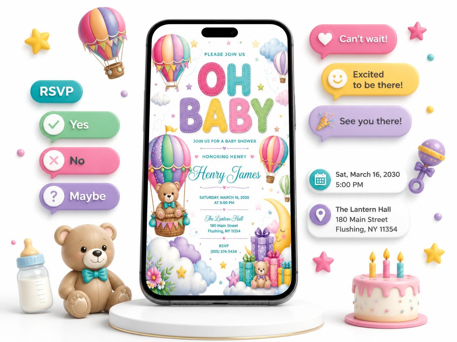 The Flower Bouquet Baby Shower Invitation invitation on a phone, with guest RSVPs arriving around it