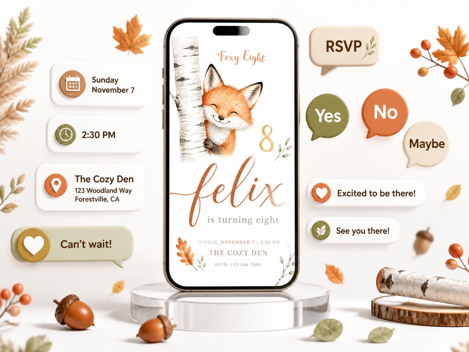 The Watercolor Fox Birch Tree 8th Birthday invitation on a phone, with guest RSVPs arriving around it