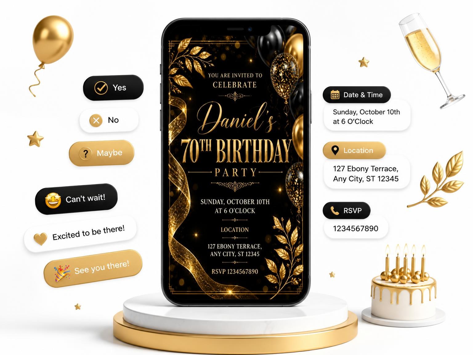 The Black and Gold 70th Birthday Invitation invitation on a phone, with guest RSVPs arriving around it