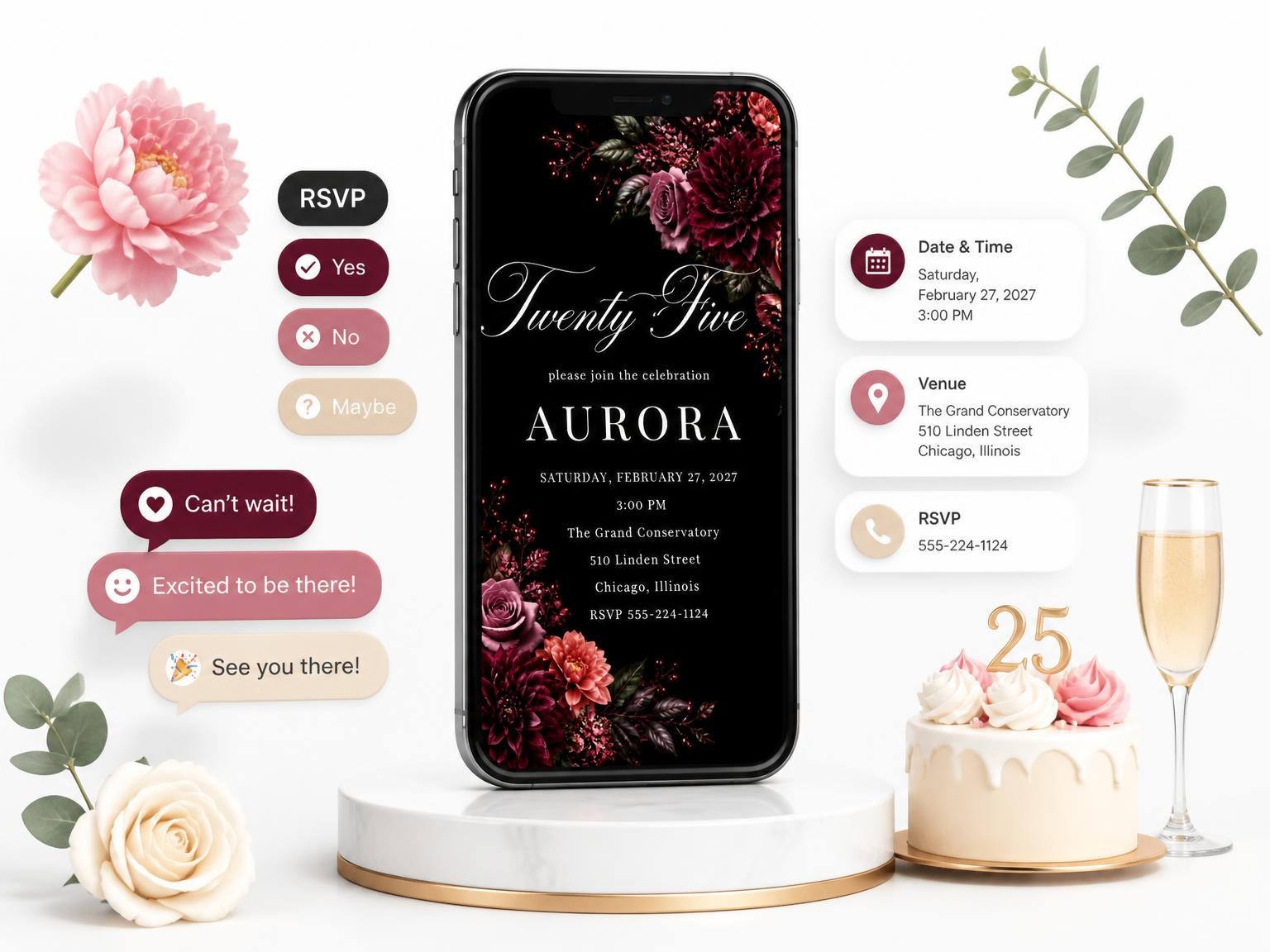 The Black Floral 25th Birthday Invitation invitation on a phone, with guest RSVPs arriving around it