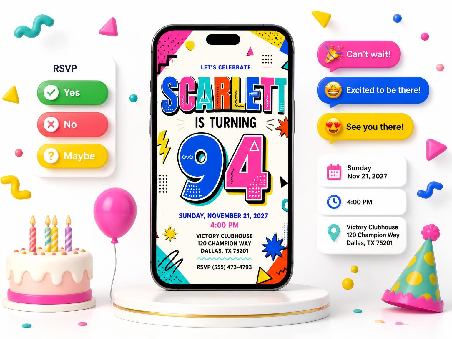 The Memphis Pop 94th Birthday Invitation invitation on a phone, with guest RSVPs arriving around it