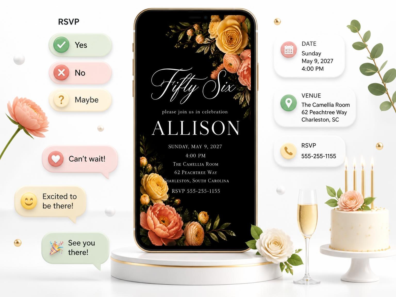 The Black Floral 56th Birthday Invitation invitation on a phone, with guest RSVPs arriving around it