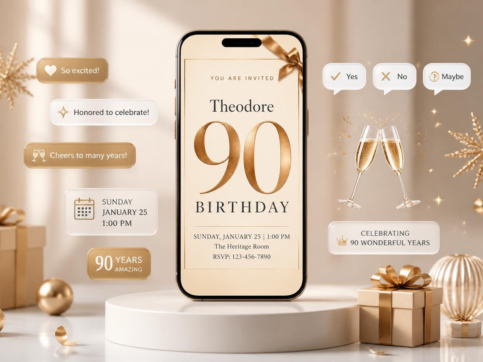 The Cream and Gold Bow 90th Birthday Invitation invitation on a phone, with guest RSVPs arriving around it