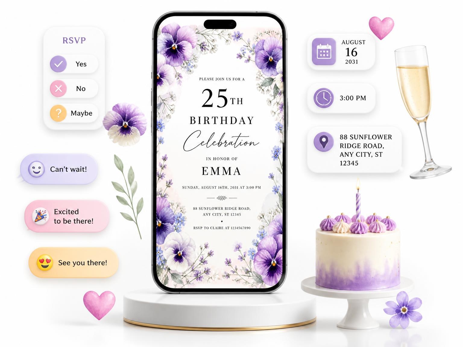 The Lavender Pansy Floral 25th Birthday Invitation invitation on a phone, with guest RSVPs arriving around it