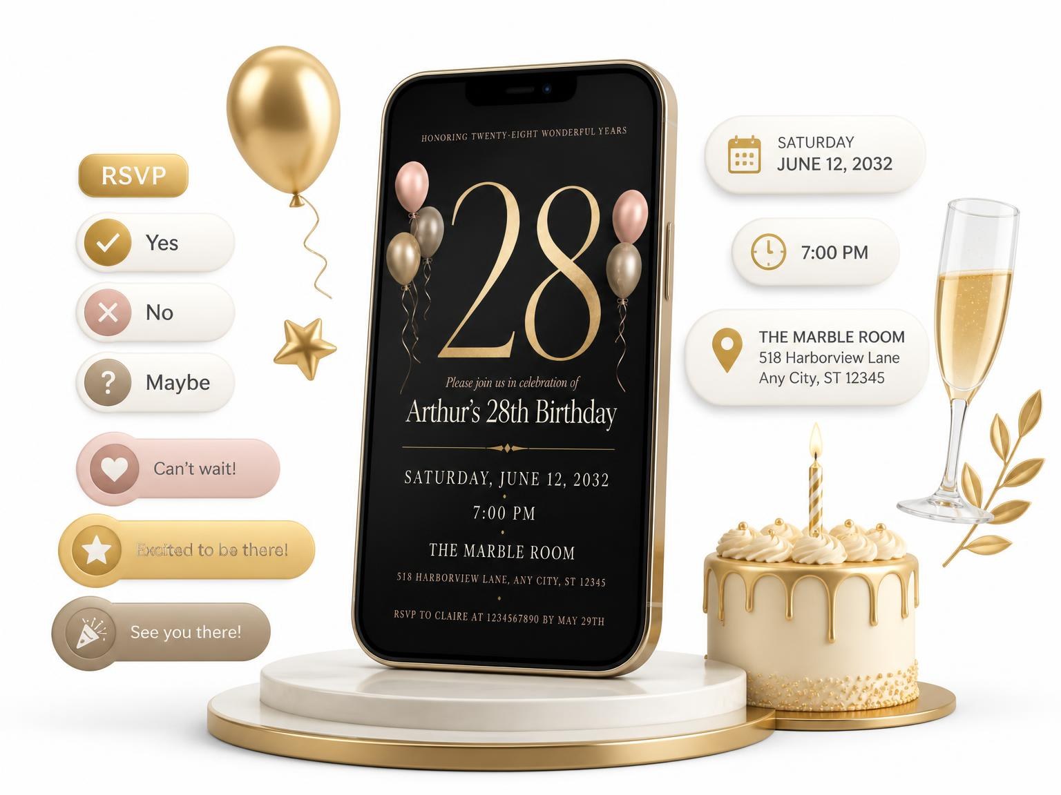 The Charcoal and Blush 28th Birthday Invitation invitation on a phone, with guest RSVPs arriving around it