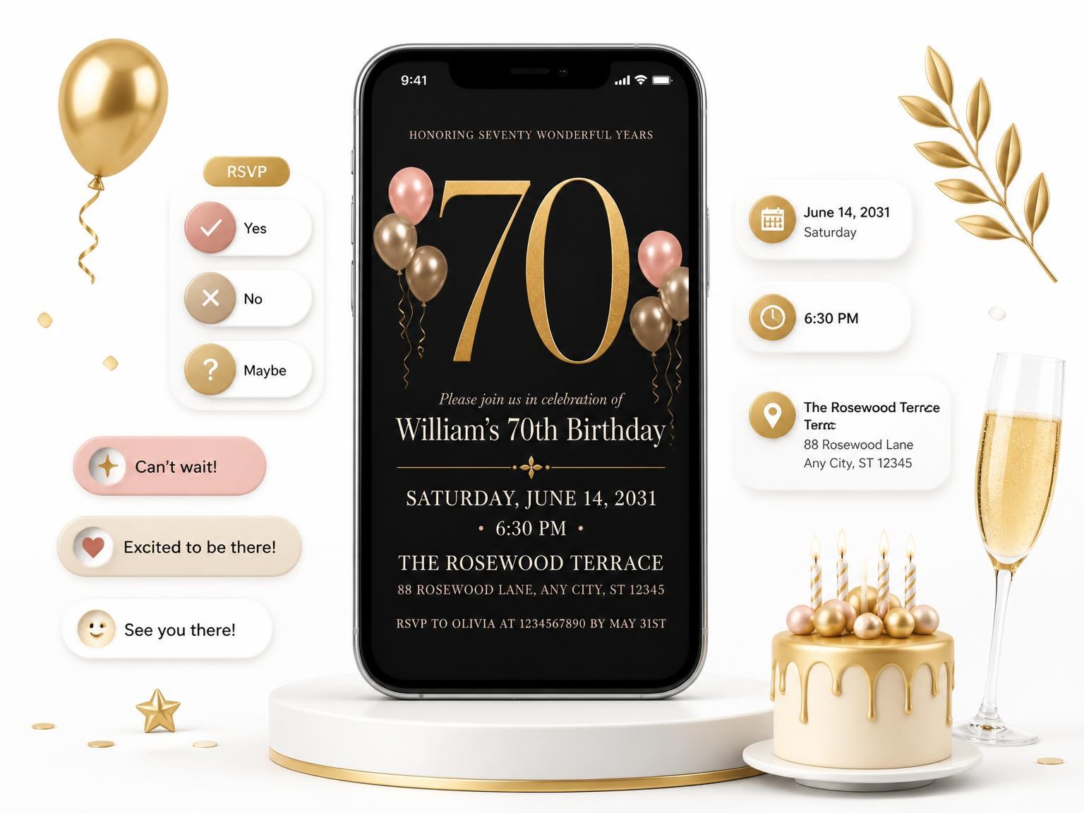 The Charcoal and Blush 70th Birthday Invitation invitation on a phone, with guest RSVPs arriving around it
