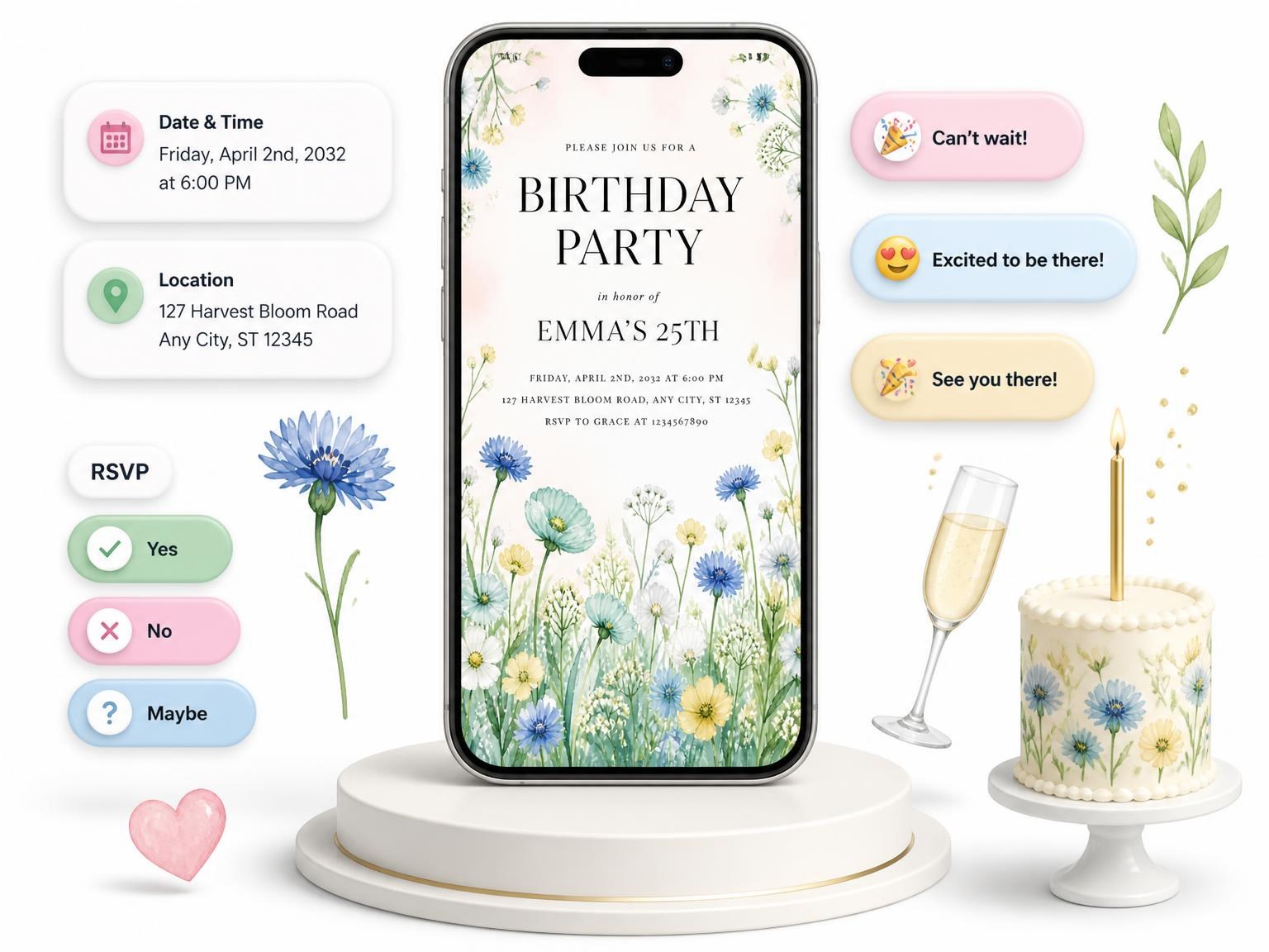 The Wildflowers Mint 25th Birthday Invitation invitation on a phone, with guest RSVPs arriving around it