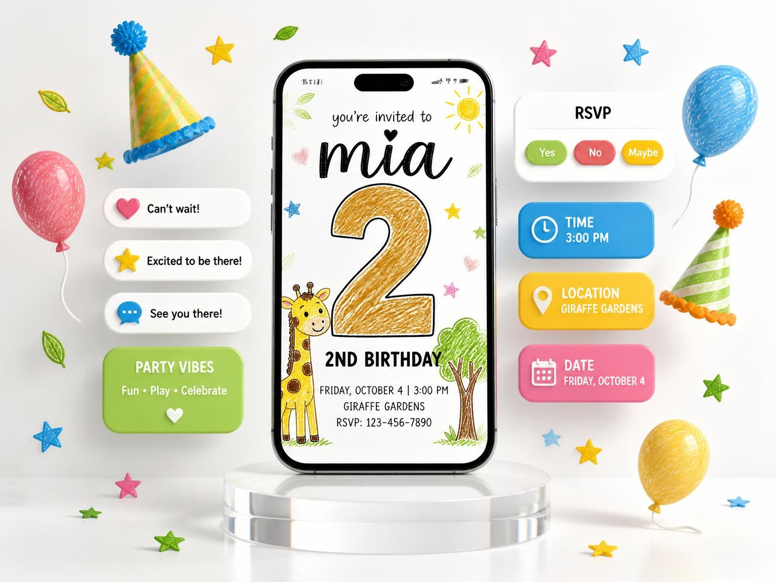 The Crayon Giraffe 2nd Birthday Invitation invitation on a phone, with guest RSVPs arriving around it