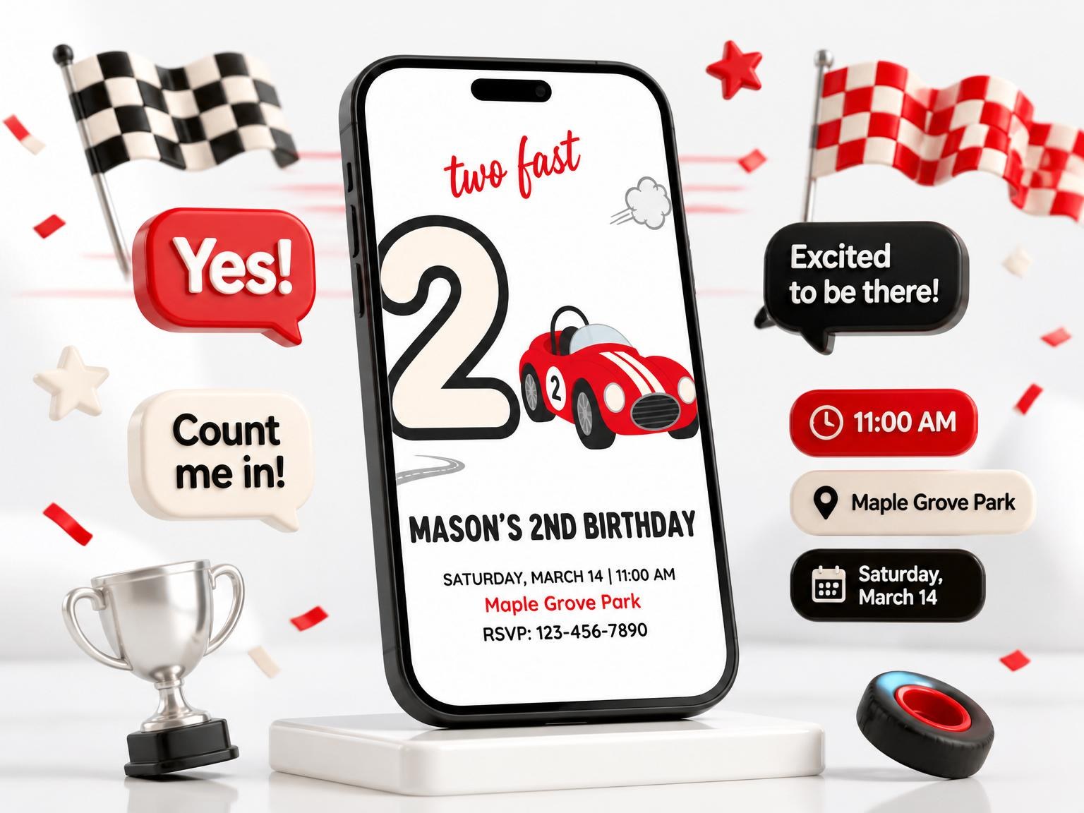 The Red Roadster Race Car 2nd Birthday invitation on a phone, with guest RSVPs arriving around it
