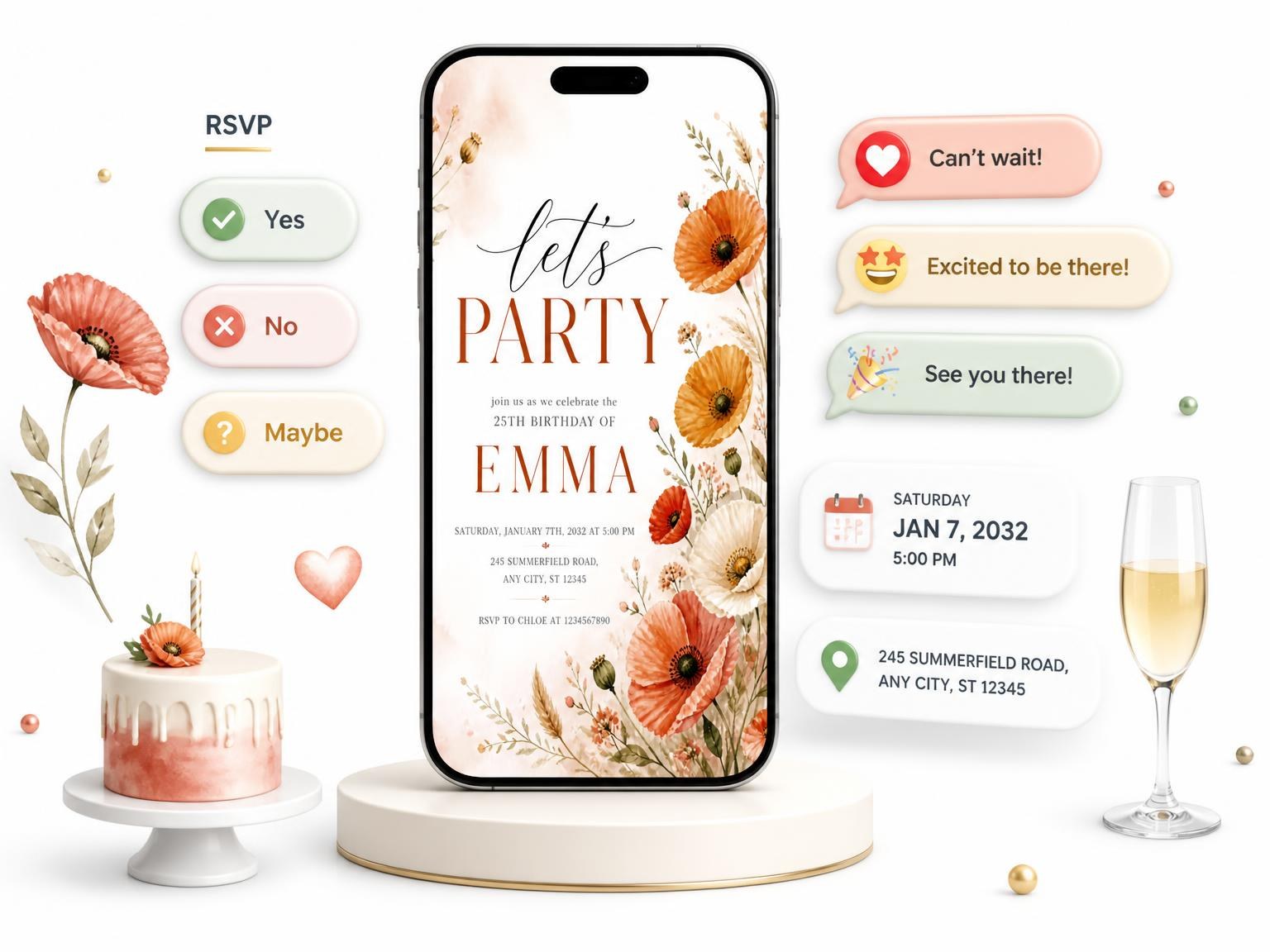 The Terracotta Botanical Sprigs 25th Birthday Invitation invitation on a phone, with guest RSVPs arriving around it