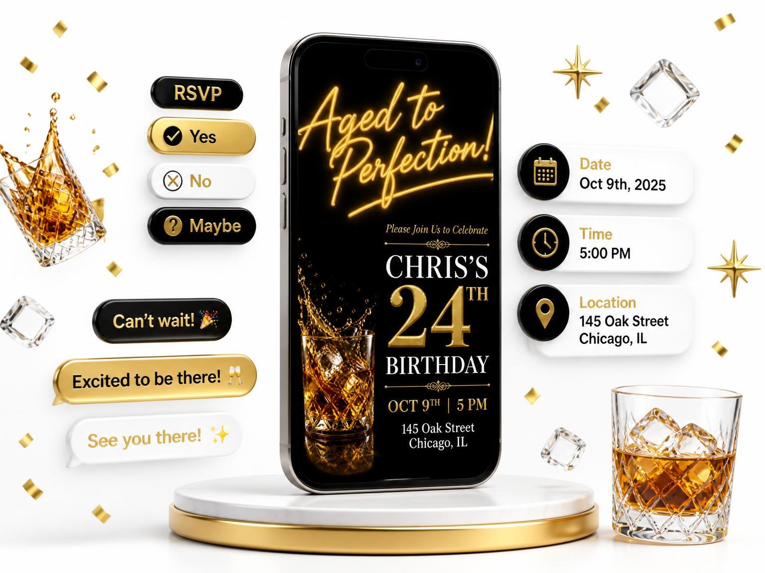 The Neon Sign 24th Birthday Invitation invitation on a phone, with guest RSVPs arriving around it