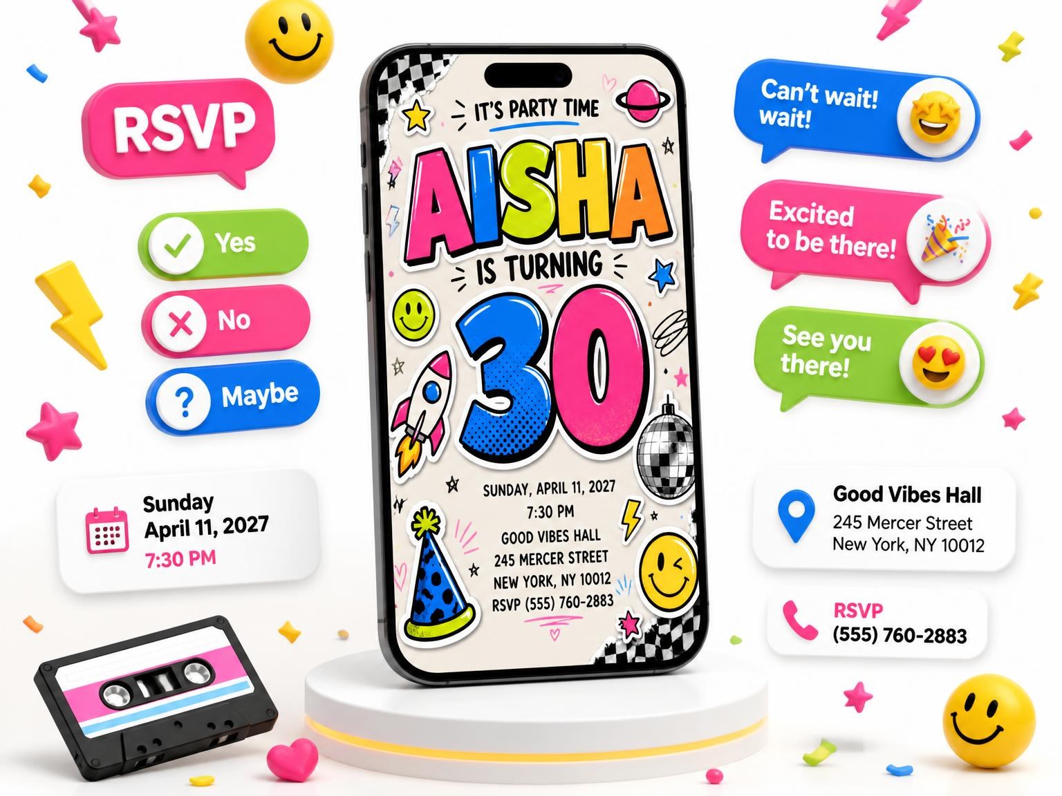 The Sticker Pop 30th Birthday Invitation invitation on a phone, with guest RSVPs arriving around it