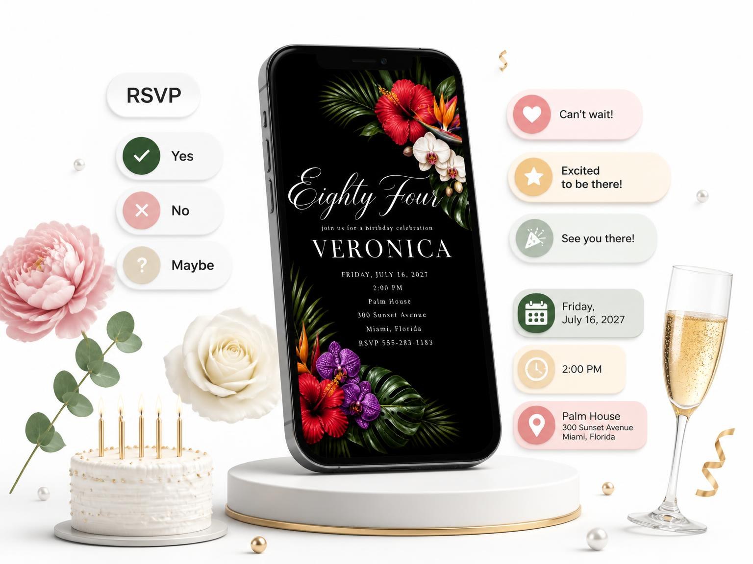 The Black Floral 84th Birthday Invitation invitation on a phone, with guest RSVPs arriving around it