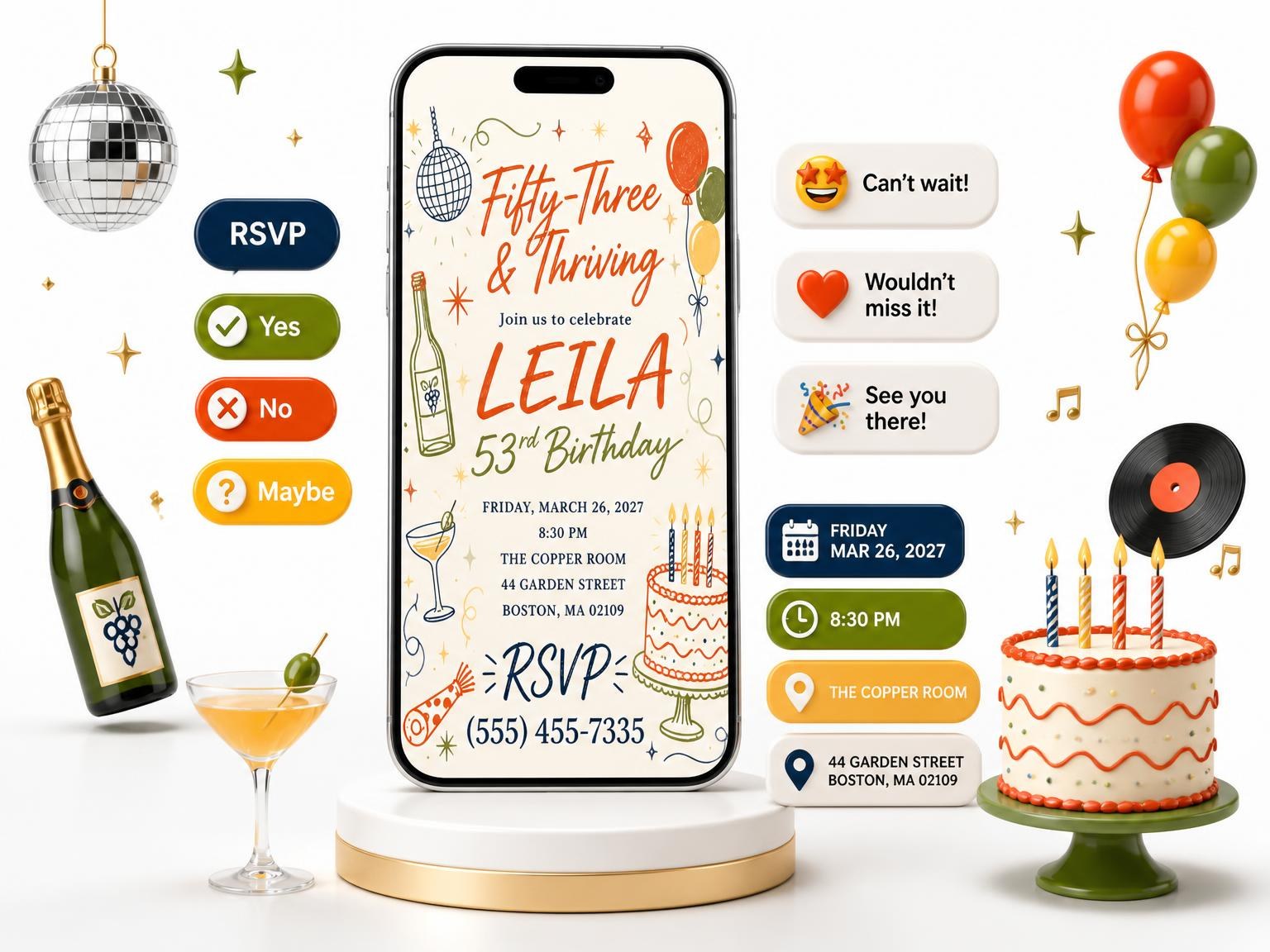 The Retro Doodle 53rd Birthday Invitation invitation on a phone, with guest RSVPs arriving around it