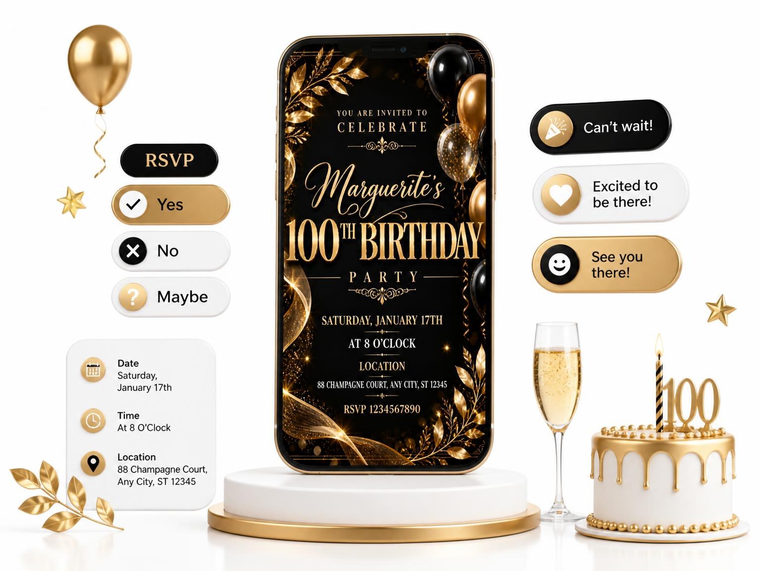 The Black and Gold 100th Birthday Invitation invitation on a phone, with guest RSVPs arriving around it
