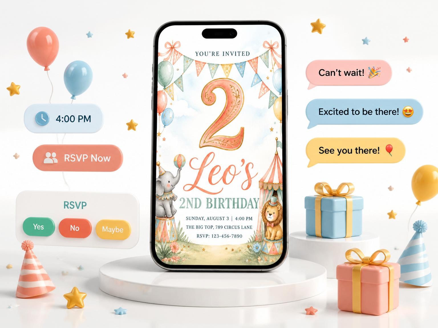 The Pastel Watercolor Animal Circus 2nd Birthday invitation on a phone, with guest RSVPs arriving around it