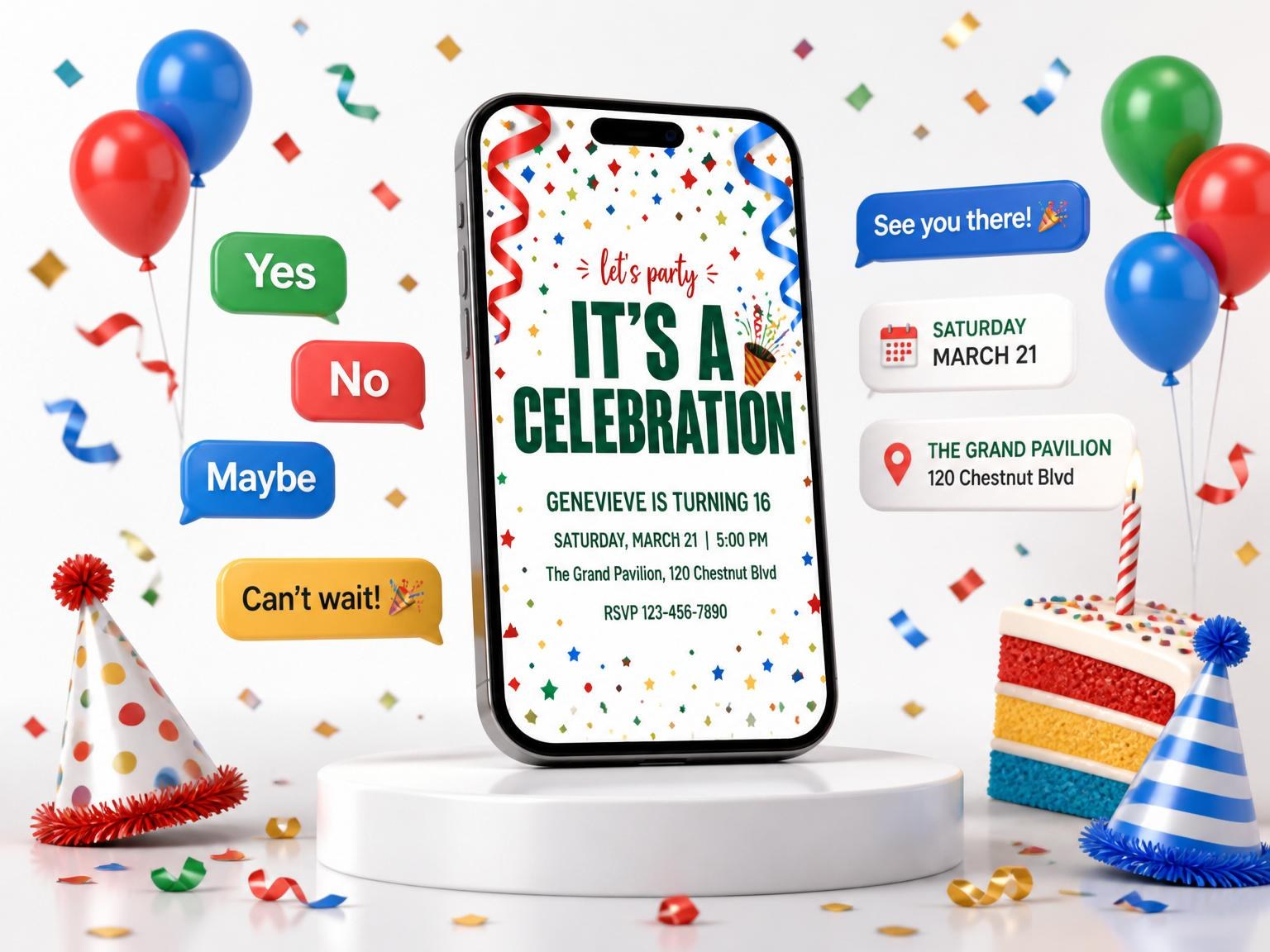The Colorful Confetti Streamer Sweet Sixteen invitation on a phone, with guest RSVPs arriving around it