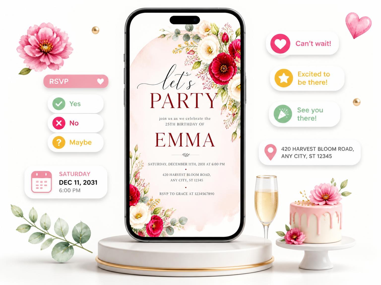 The Arch Scarlet 25th Birthday Invitation invitation on a phone, with guest RSVPs arriving around it