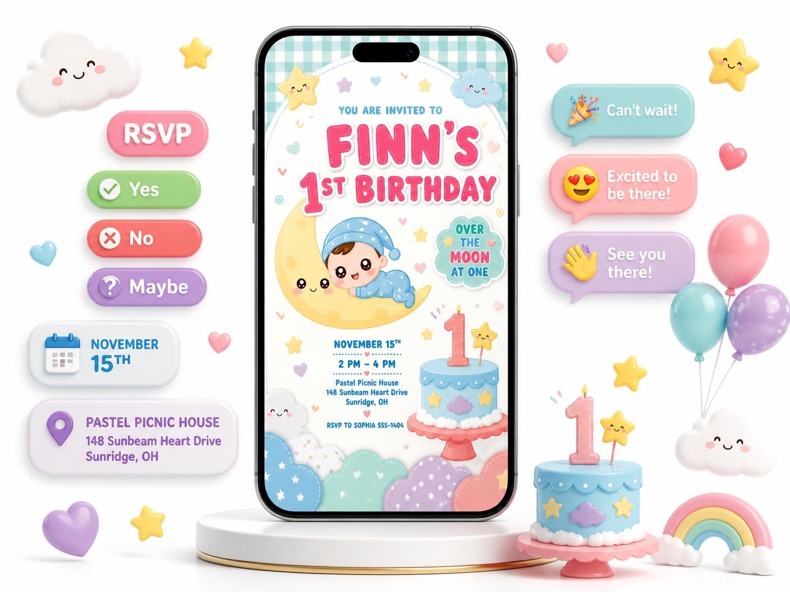 The Kawaii Moon Baby 1st Birthday Invitation invitation on a phone, with guest RSVPs arriving around it