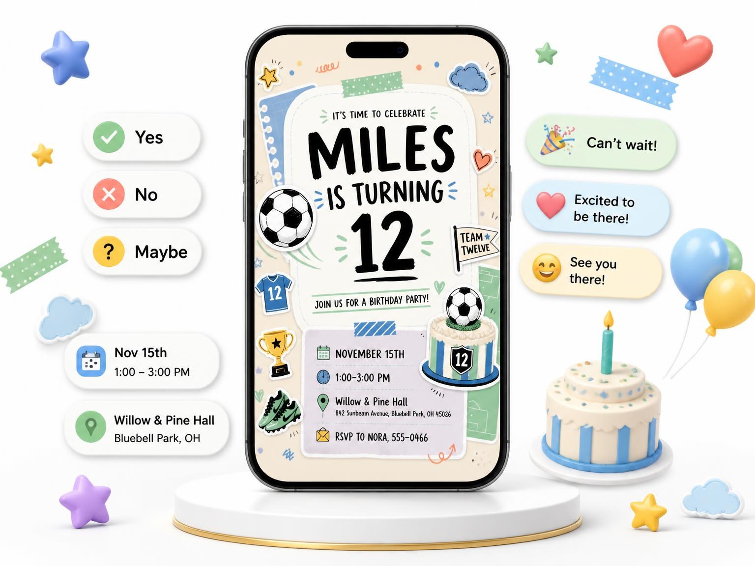 The Soccer Ball Pastel 12th Birthday Invitation invitation on a phone, with guest RSVPs arriving around it