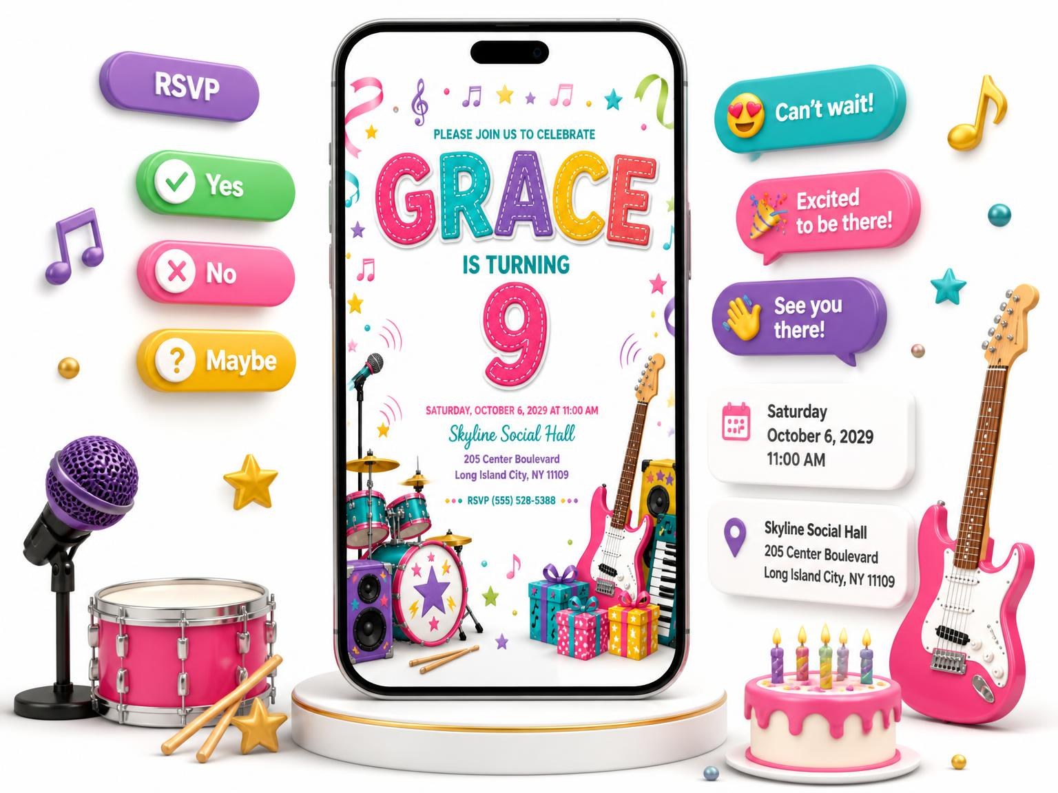 The Stitched Rock Star 9th Birthday Invitation invitation on a phone, with guest RSVPs arriving around it