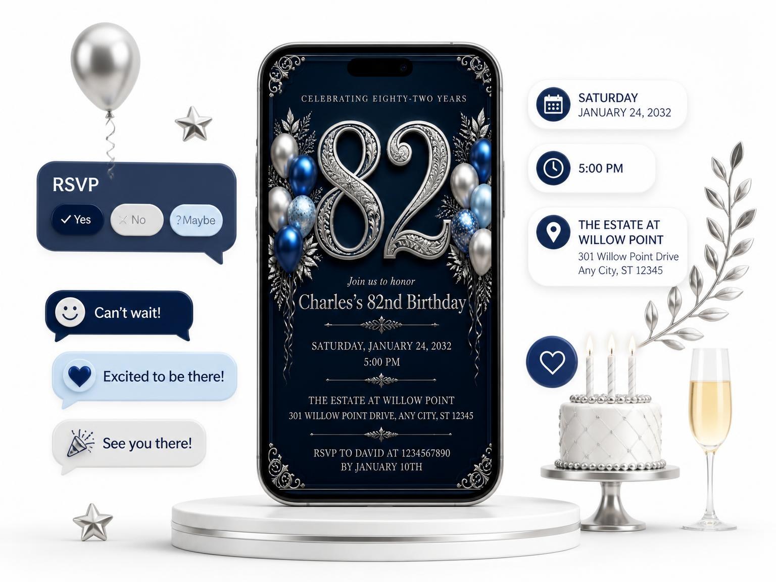 The Navy and Silver 82nd Birthday Invitation invitation on a phone, with guest RSVPs arriving around it