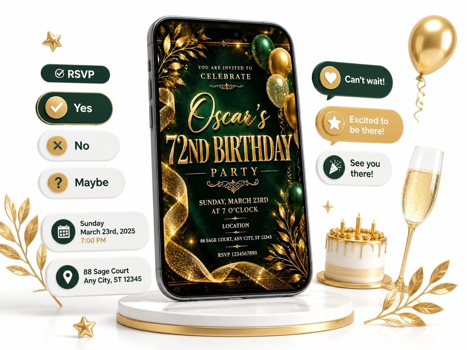 The Emerald and Champagne 72nd Birthday Invitation invitation on a phone, with guest RSVPs arriving around it