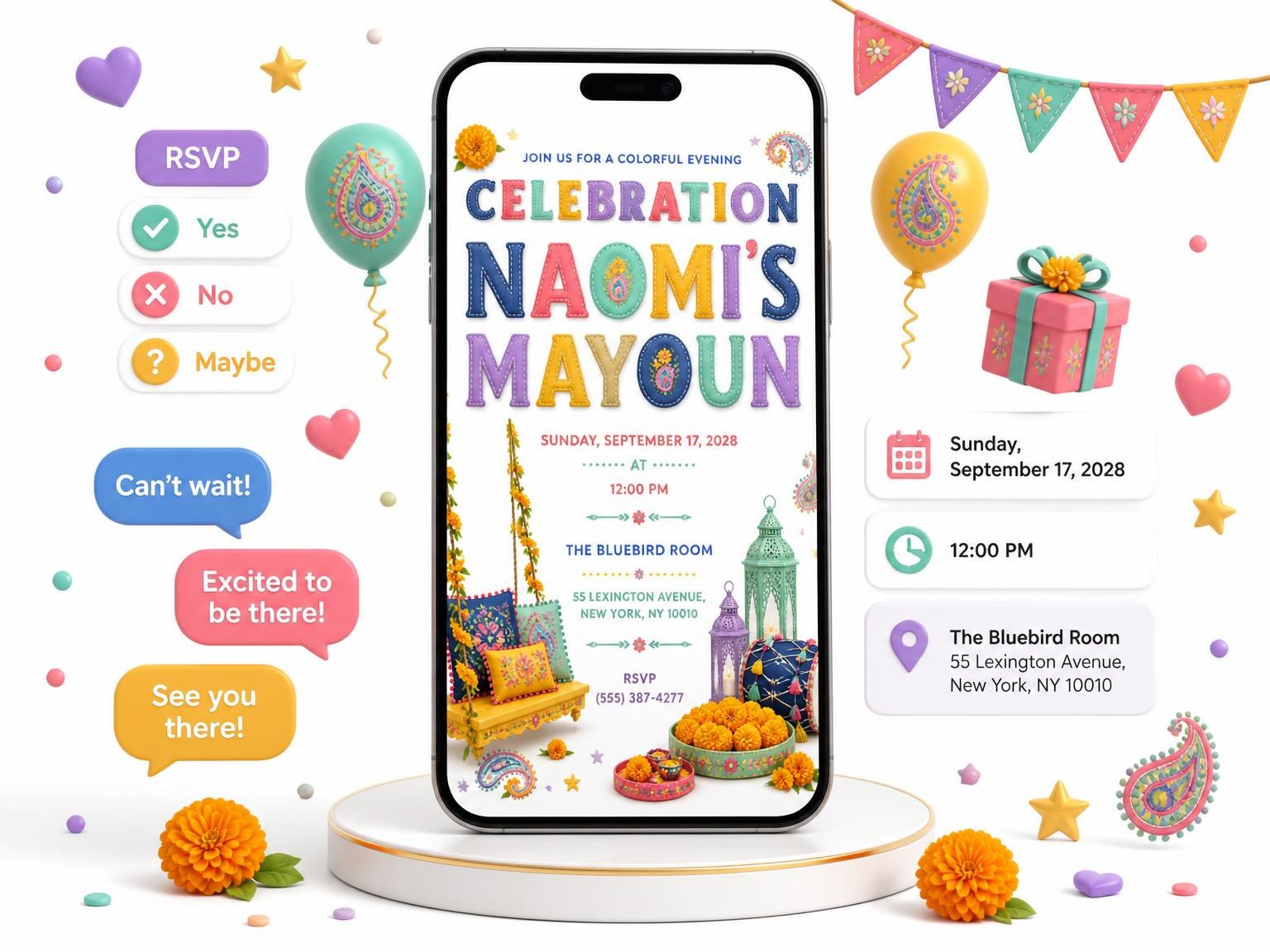 The Jhoola Mayoun Invitation invitation on a phone, with guest RSVPs arriving around it