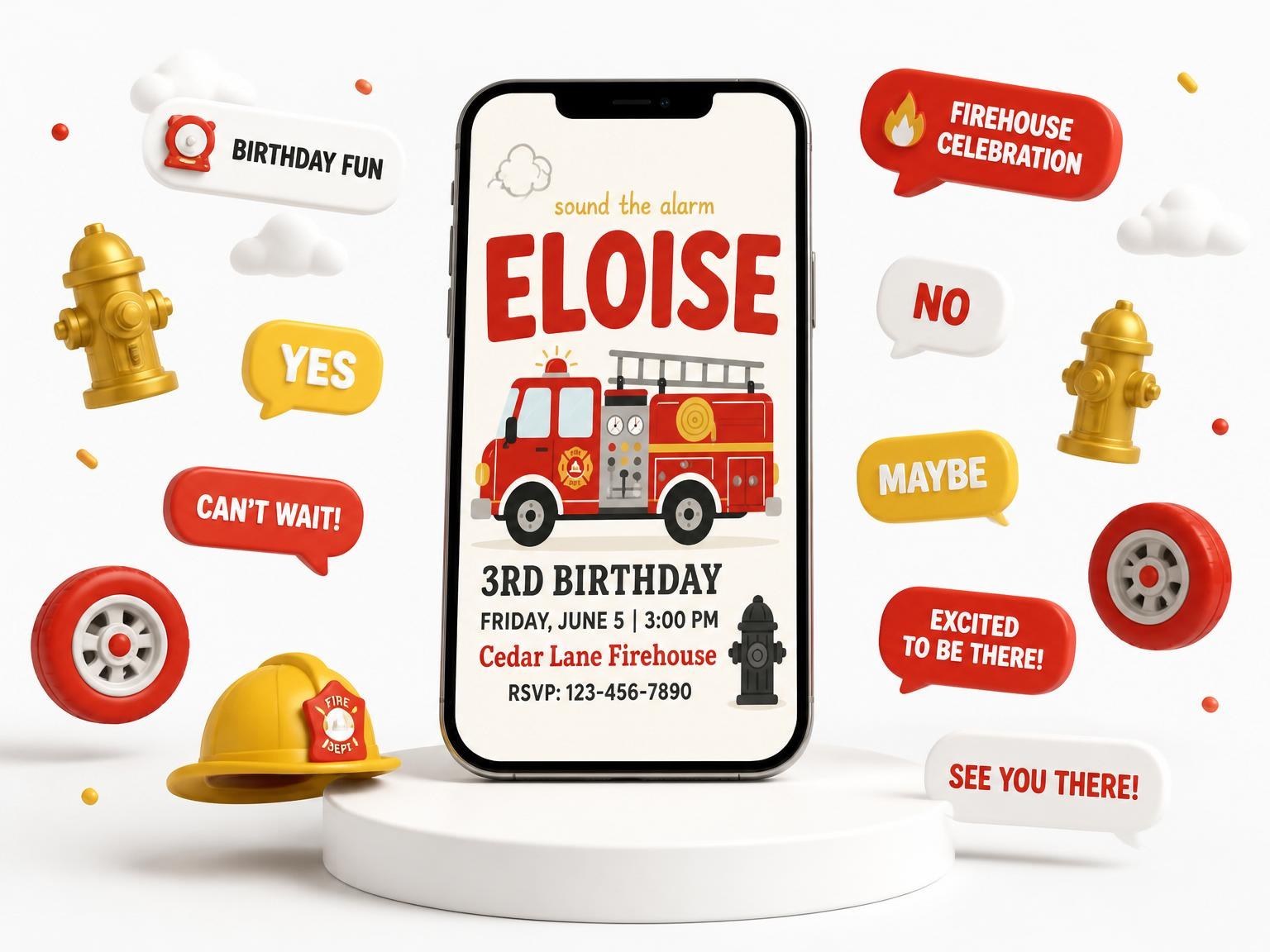 The Fire Engine Motif 3rd Birthday Invitation invitation on a phone, with guest RSVPs arriving around it